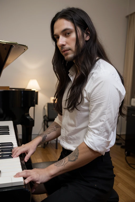 40 year old unshaved Handsome thin White man goth long black hair male playing the piano
