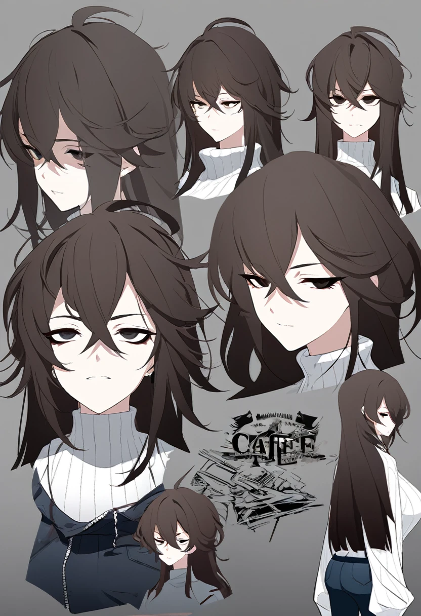 One Woman,Downer,older sister,Concept Art,Dark brown hair,Straight hair with slight inward curls,Staring eyes,Eye Ridge,black eye,Crossed bangs,whole body,smile,Larger breasts,Gray background,Bangs that reach down to the eyes,Messy hair,Perfect dark jeans,White turtleneck sweater,Multiple views of the same character,Character Design,Dark circles under the eyes,Bad look,Listless,Sloppy,accessories,Arknights Wind,Cafe staff,Holding a cigarette,whole bodyCharacter Design,