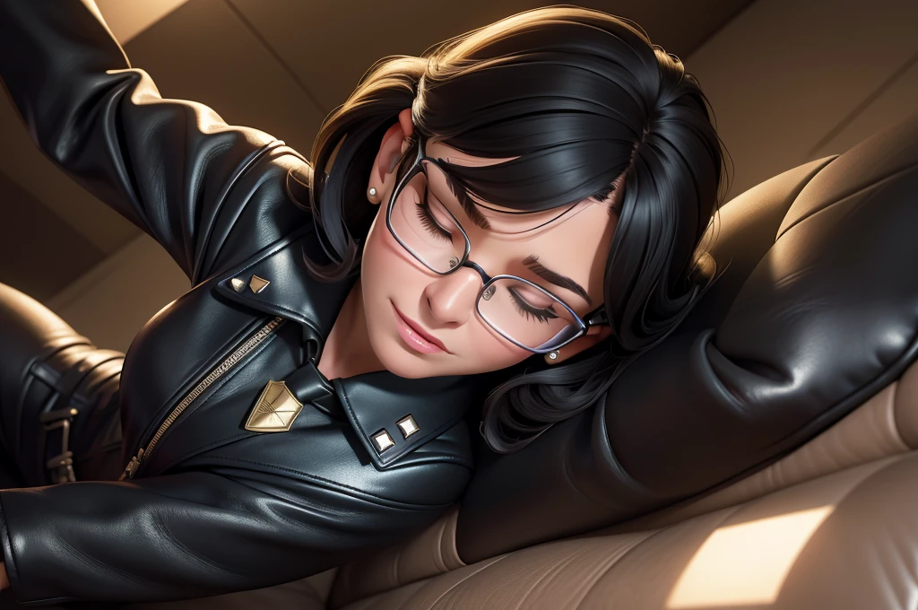 obra prima, melhor qualidade, (lauren boebert 55yo) snarl expression, open mouth, eyes closed, black medium length hair, black plastic glasses, pilot outfit, business blouse, necktie, (shiny bright yellow leather,) studs zippers fringe, shiny leather gloves, body is skinny, laying back against couch cushion, arched back, grabbing cupping, overhead camera view, looking down at me, shallow depth of field, highres, HD, 8k, anatomically correct