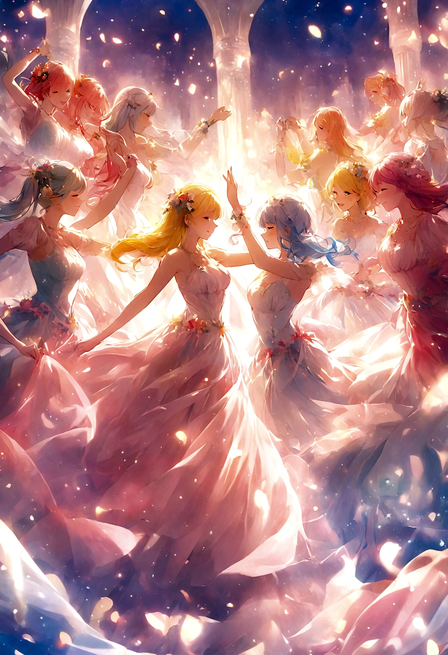 Many girls who love dancing,They were happy,Vibrant colors, Ethereal Light,