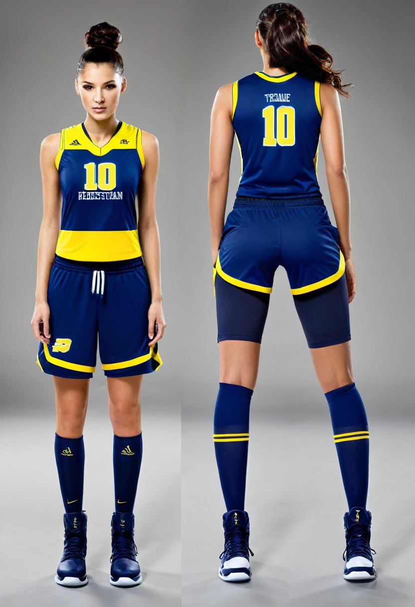 Create a futuristic  style women's uniform for a basketball team. Colors should be light blue, navy blue and yellow