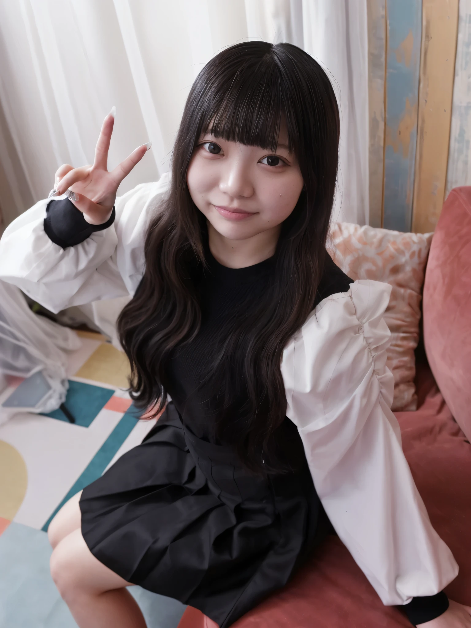 there is a young woman sitting on a couch with a remote, chiho, taken with canon eos 5 d mark iv, taken with canon 8 0 d, taken with canon eos 5 d, shikamimi, taken with canon 5d mk4, sui ishida with black hair, portrait of a japanese teen, Yoshitomo Nara