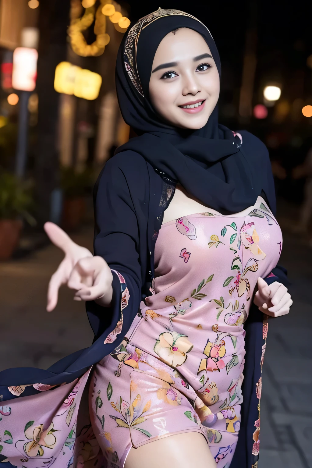 Cute Pakistani girl in hijab wearing patung dress with seducing pose, big smile, laughing, happy, big front teeth, bustling nighttime city, wearing hijab, bright golden color hijab, beauty skin, huge breast, nipple erected detailed, dark hairy pussy, thick thighs bright lighting, big round ass, cute face, slim abs, 35mm lens, Extreme close-up, pastel color grading, depth of field cinematography effect, romantic film genre, 8k resolution, high quality, ultra detail,