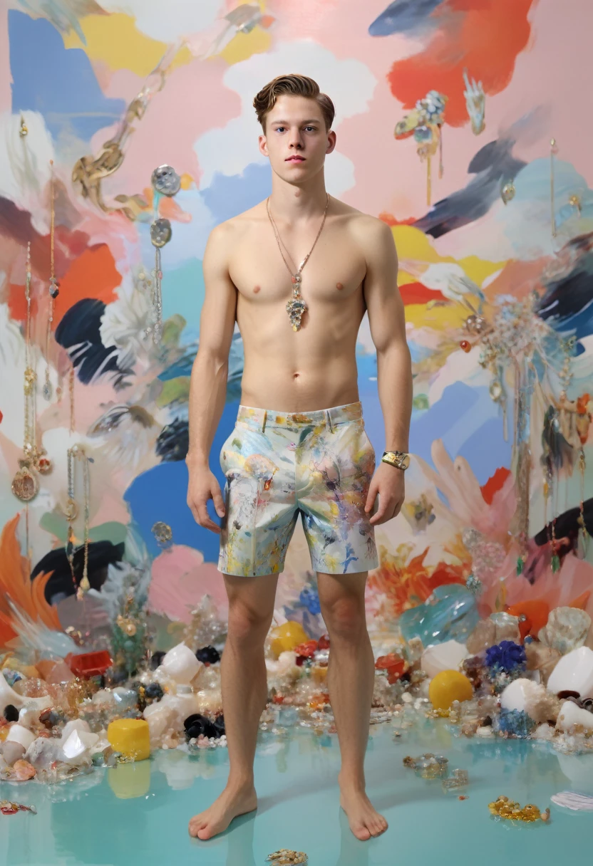 Sexy young male,Jewelry & Jewelry, topless, full-body shot, shorts, Art Deco, Decorative Arts, byPetra Cortright, best quality, masterpiece, 8K