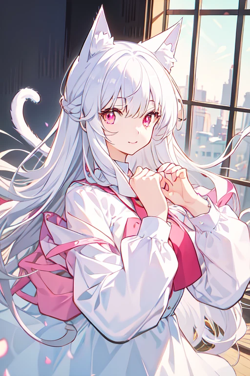 An anime girl with a pair of Cat ears, the inside of the ears a soft white fluff, her eyes wide and curious, she Excited and happy to see me, beautiful eyes, white hair, pink eyes, good art, good drawing, anime 2d, 2d, cute, 2 hands and 5 fingers on each hand, beautiful hands, good drawn hands, 4k, 8k,