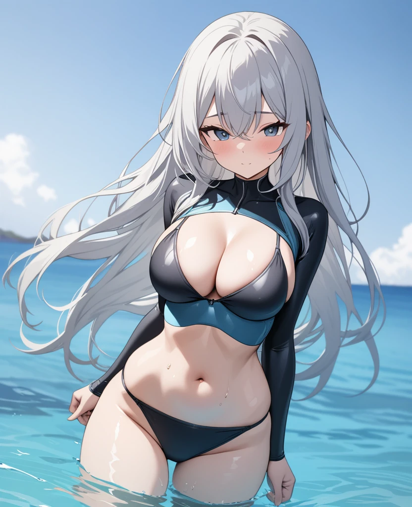 ((masterpiece)), (highest quality), (Simple style),Silver hair Super long Diving wetsuit Bikini Cleavage