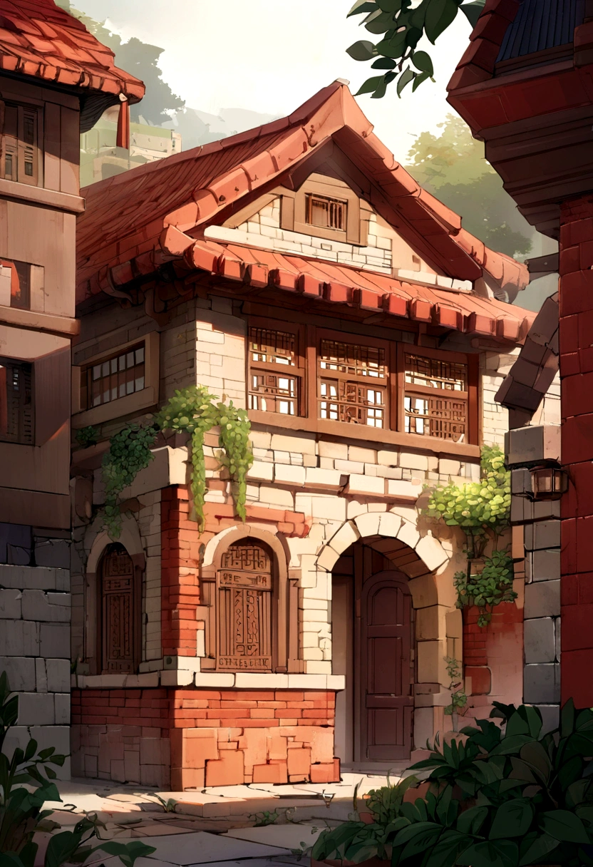 a cozy house in the style of cordoba, surrounded by lush greenery, thick textured walls, gondar architectural style, close-up of a building with a distinctive logo, red bricks, red brick building covered in chinese text, mud and brick houses, bricks, red roofs, beautiful, crisp and clear