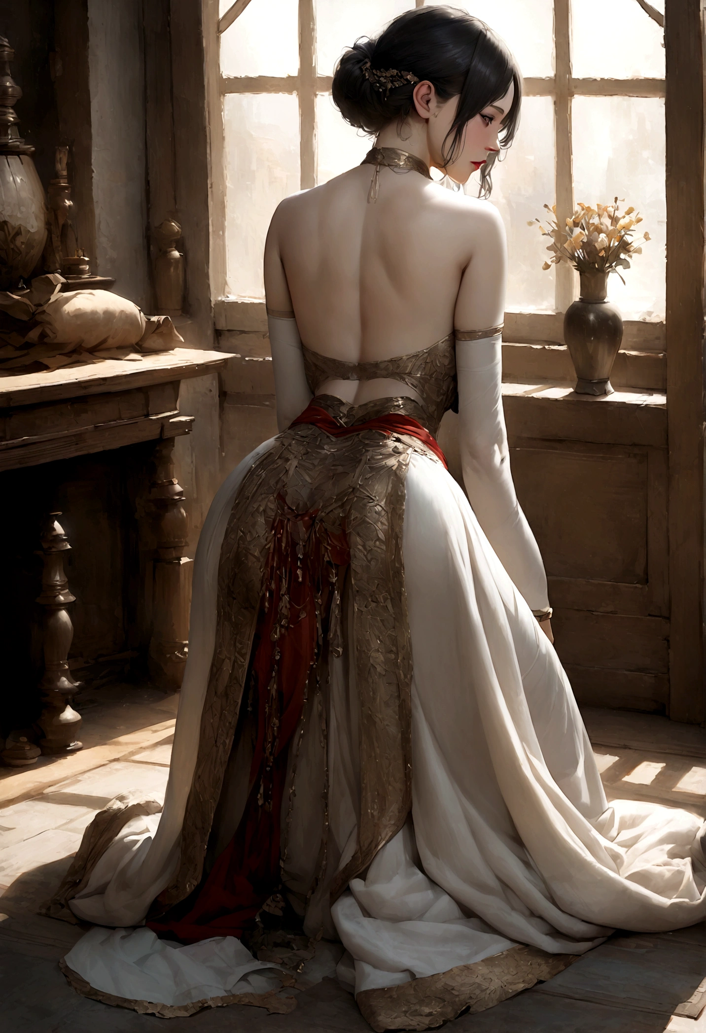 highest quality、 masterpiece, detailed, sexy, Ultra-high resolution, (Realistic:1.4), RAW Photos, One Girl, indoor,,White skin, short hair, ,whole body,Black Hair,Beautiful face、View from behind on all fours、Turkish clothing、