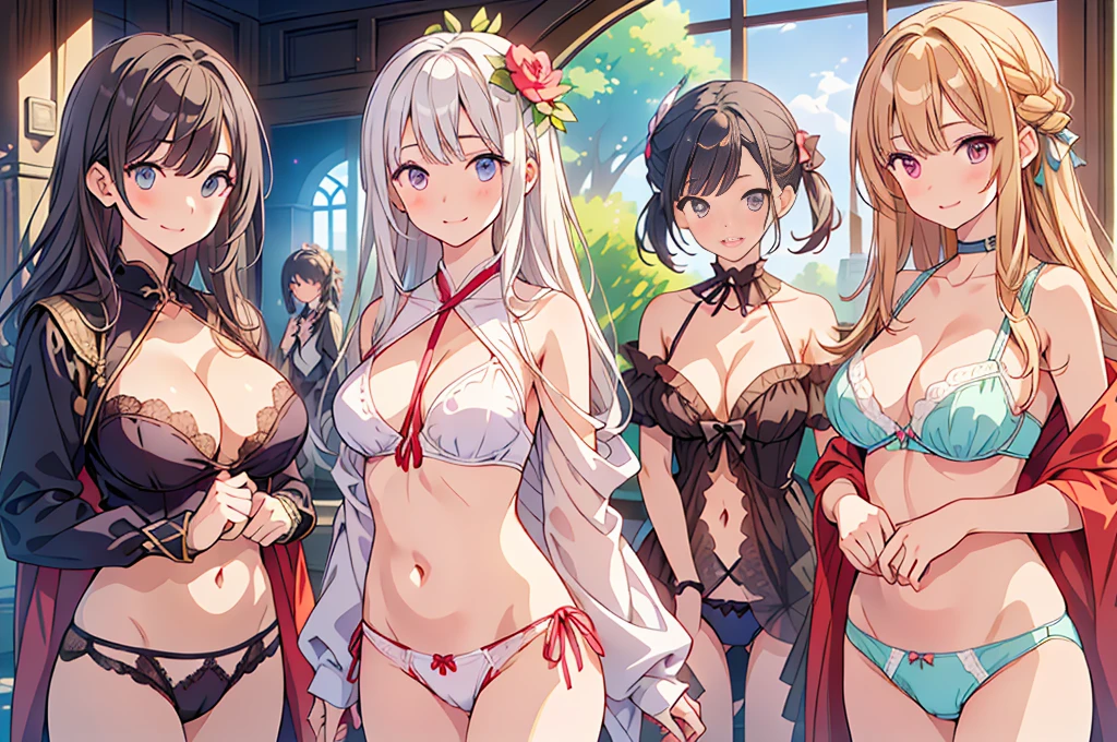 ((((Multiple characters from the harem were depicted with smiles))))、Medieval fantasy world、Masterpiece illustrations with the highest image quality and ultra-high resolution、6 beautiful women、((Fine grain))、Troubled face、blush、Seduce, Umbilical cord prolapse、Front hook bra, Thighs, Cleavage, (Special twine panties:1.3),((Angle from the front))