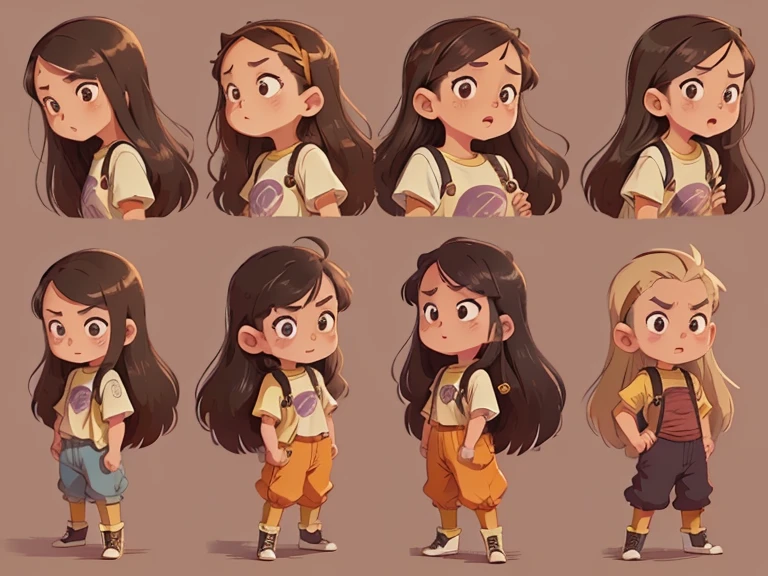 Character Sheet (front, back, right and left sides)(different emotions, various poses, various clothes) white girl, with very tousled dark brown tousled long hair, golden brown eyes, Akira Toriyama's style
