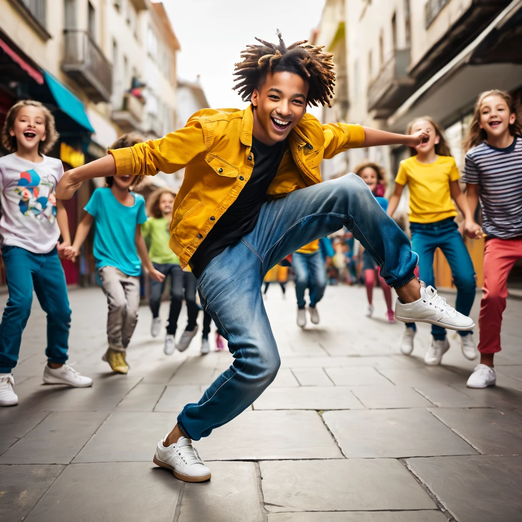 A young man dancing in the street, break dance , head on de floor and legs in the air, surrounded by kids, dynamic image, happy feeling and free spirited.
