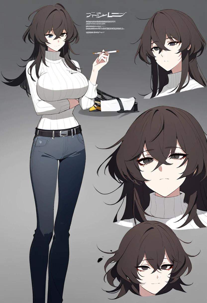 One Woman,Downer,older sister,Concept Art,Dark brown hair,Straight hair with slight inward curls,Staring eyes,Eye Ridge,black eye,Crossed bangs,whole body,smile,Larger breasts,Gray background,Bangs that reach down to the eyes,Messy hair,Perfect dark jeans,White turtleneck sweater,Multiple views of the same character,Character Design,Dark circles under the eyes,Bad look,Listless,Sloppy,accessories,Arknights Wind,Cafe staff,Holding a cigarette,whole bodyCharacter Design,