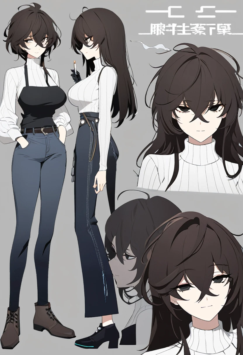 One Woman,Downer,older sister,Concept Art,Dark brown hair,Straight hair with slight inward curls,Staring eyes,Eye Ridge,black eye,Crossed bangs,whole body,smile,Larger breasts,Gray background,Bangs that reach down to the eyes,Messy hair,Perfect dark jeans,White turtleneck sweater,Multiple views of the same character,Character Design,Dark circles under the eyes,Bad look,Listless,Sloppy,accessories,Arknights Wind,Cafe staff,Holding a cigarette,whole bodyCharacter Design,