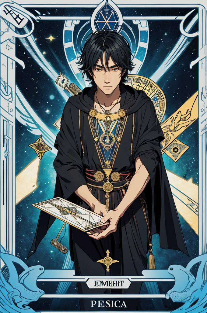 Notice me sempai, guy, programmer, with esoteric keyboard, perfect lighting and good composition, (tarot card style)