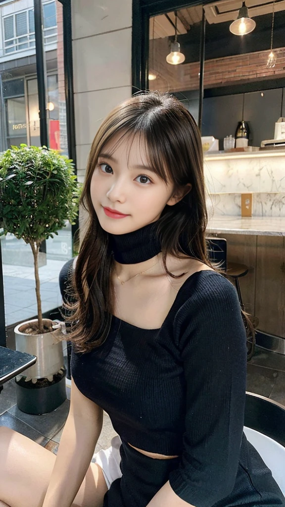 18 years old girls,Perfect face and,cute clothing,slim and slender physique。The skin has detailed and highly detailed eyes(1.1 emphasis),Very detailed skin texture(1.1 emphasis)。Elongated necklace,Model photo style,realisticlying,skin texture is real human skin texture,Detailed Skin Pore,Complicated details,The eyes are very detailed,kneesup,Attractive and sexy chibi,ssmile,,Eat parfait at a café,sitted,Dark blue turtleneck knit sweater,black long pants,coffeehouse,tit,areola of breast,full bodyesbian,Full-body photography,Full body photography,Full body like,Slim waistline, Tempting, solo, slutty, ((Topless)), (Realistic, photograph realistic:1.37), Cinematic light
