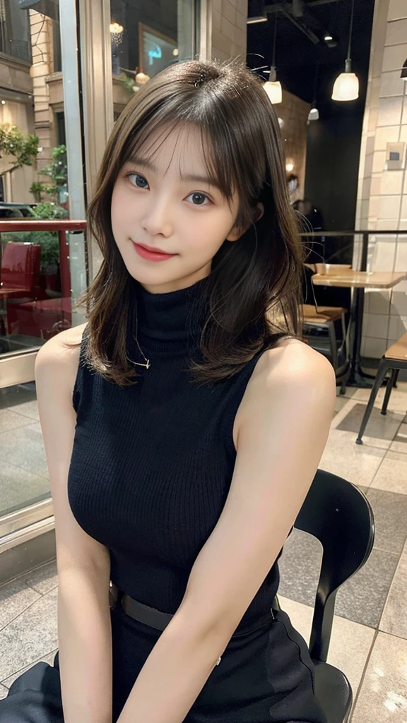 18 years old girls，Perfect face and，cute clothing，slim and slender physique。The skin has detailed and highly detailed eyes（1.1 emphasis），Very detailed skin texture（1.1 emphasis）。Elongated necklace，Model photo style，realisticlying，skin texture is real human skin texture，Detailed Skin Pore，Complicated details，The eyes are very detailed，kneesup，Attractive and sexy chibi，ssmile，，Eat parfait at a café，sitted，Dark blue turtleneck knit sweater，black long pants，coffeehouse，tit，areola of breast，full bodyesbian，Full-body photography，Full body photography，Full body like，Slim waistline， Tempting， solo， slutty, ((Topless))， (Realistic, photograph realistic:1.37), Cinematic light