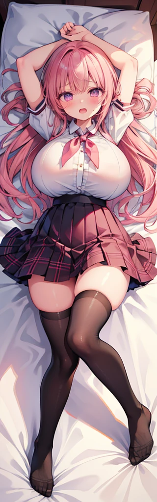 Masterpiece,Best Quality,(Super Detail),perfect writing, Highly detailed CG,Super detailed,(Highly detailed eyes,Very cute face,Highly detailed face:1.3),Beautiful Anime Girl,(Solo Girl),(Super huge boobs:1.4),(super huge breasts:1.4),(Sensual,Glamorous:1.4),(pink,very Long Hair,wave),(Big light purple eyes),Collared shirt,short sleeve shirt,Pleated skirt,lying on the bed,on back,school tight,pink pillow , pleated skirt, zettai ryouiki,high resolution,heart shaped pupils, plaid skirt, black stocking,claw pose,lie on bed,liying , full body , toe,full body seen,full-face blush,sexual climax,arms up,Young features,(Loli:1.4),Elementary school girls,Close one eye, With tears in her eyes and her mouth open,open mouth,