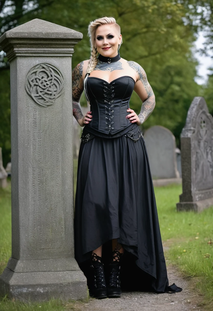 Foto of a (chubby) but muscular scandinavian woman, (Ingrid Mueller) 35 years old, blonde hair,sidecut and braided hairstyle, nordic tattoos. wearing goth outfit. black viktorian dress and corset. goth make-up. smiling. posing for a foto shooting at a old cementry full body shot. masterpiece 4k high detailed, high quality
