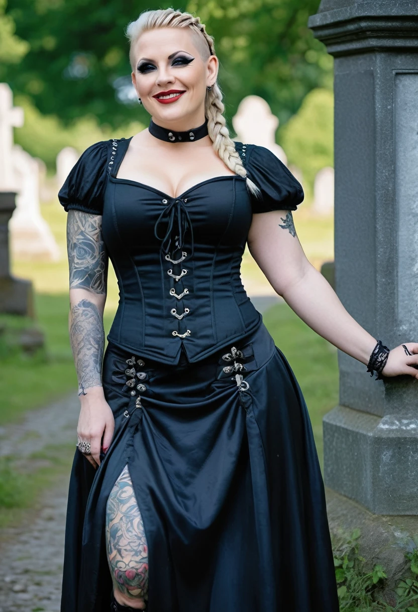 Foto of a (chubby) but muscular scandinavian woman, (Ingrid Mueller) 35 years old, blonde hair,sidecut and braided hairstyle, nordic tattoos. wearing goth outfit.  black viktorian dress  and corset. goth make-up. smiling.  posing for a foto shooting at a old cementry full body shot. masterpiece 4k high detailed, high quality