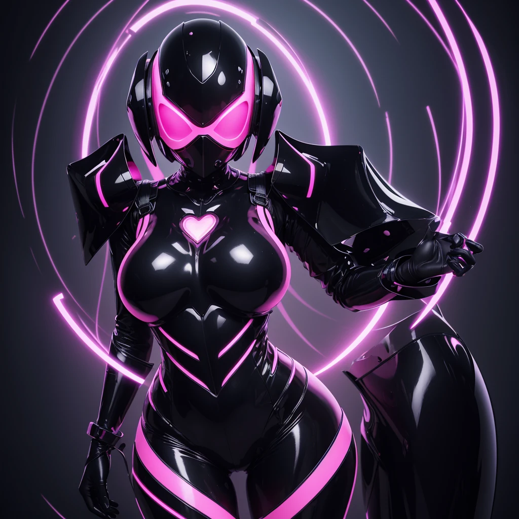 Dronificated unknown woman in a fully enclosed black latex fullbody suit with pink lights across the suit and heart shaped glowing core in the chest, fully enclosed cyber helmet that cover her whole face and hides her identity with only two glowing pink lines in it's otherwise, empty black face, huge breast, narrow waist, wide hips and thick thigs in a storage, no face, no hair, no mouth, no eyes