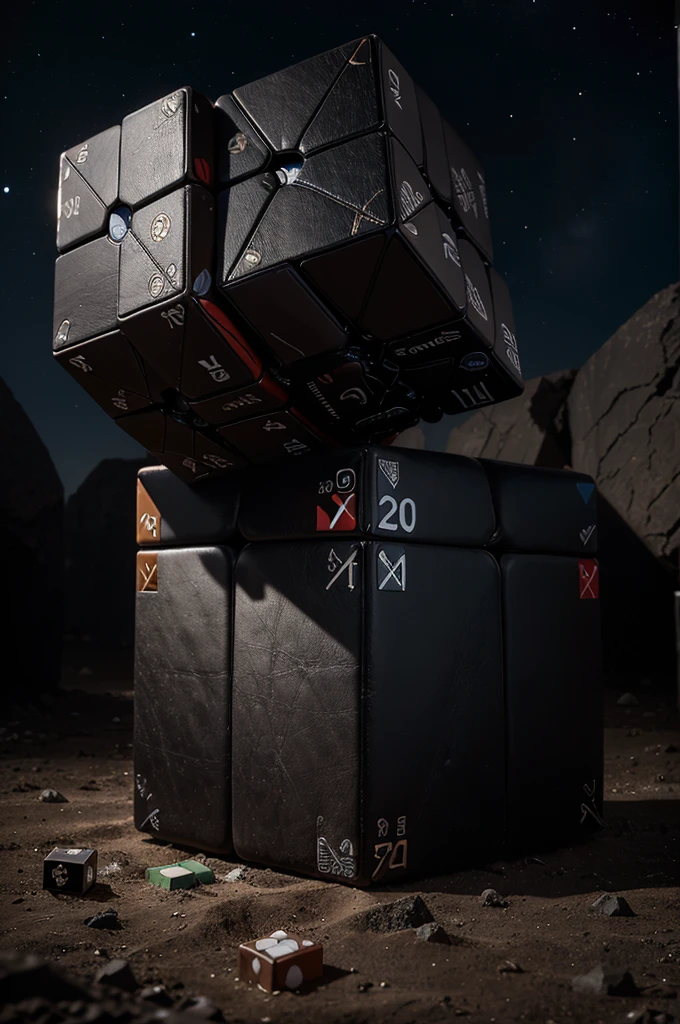 There is a cube of the "ansor gadungsari" leather Cube,There are a lot of various pictures on it, The Rubik's Cube fell like a meteorite,Surrounded by a barren alien environment,background starry sky