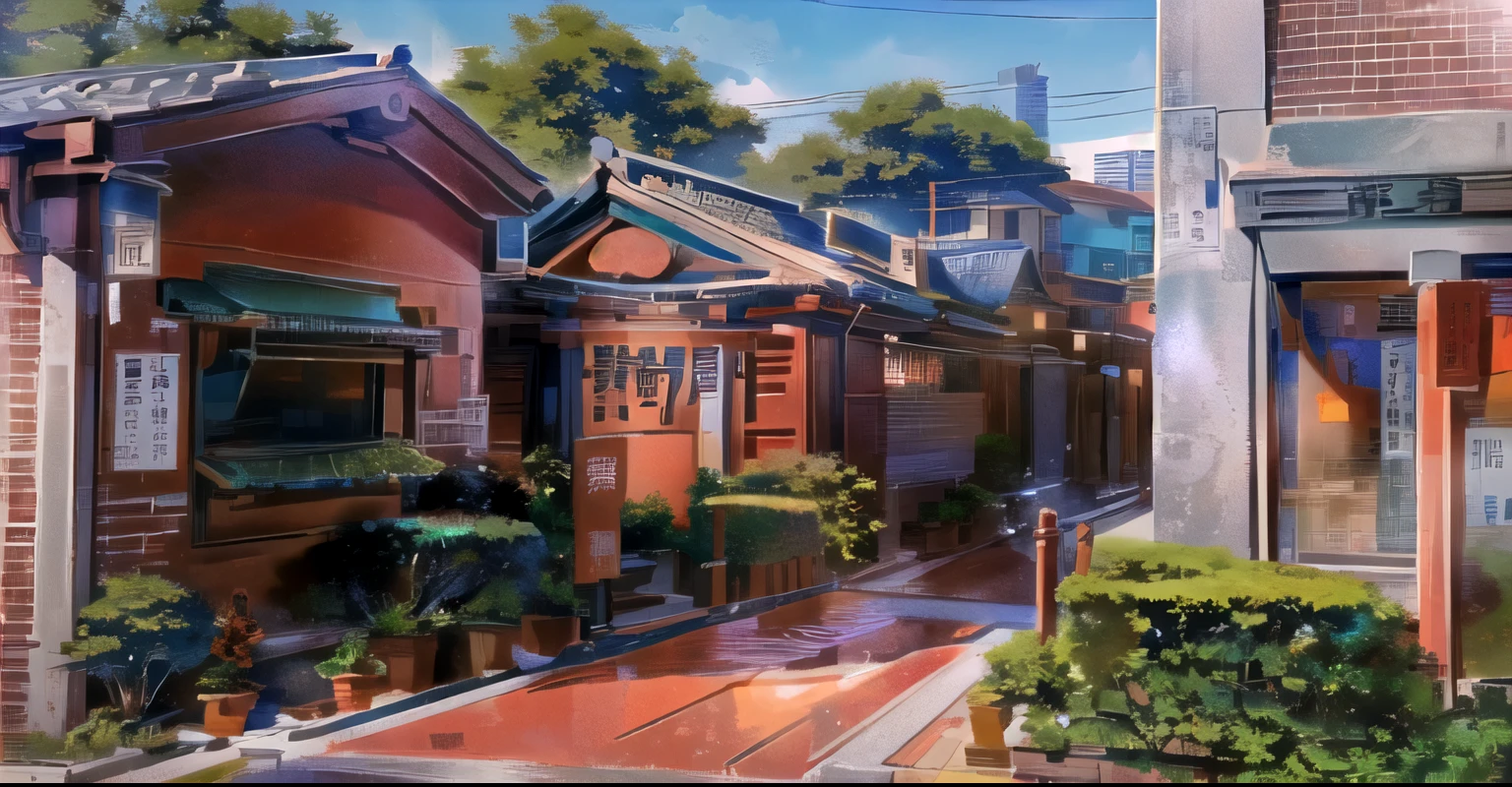 Close-up of a building with a sign, red bricks, Cover Chinese text, Chiba Yudai, Covered with Chinese, Wang Chen, Red Building, mud and brick houses, Eight thousand ), Ghost Festival, brick, like jiufen, red roof