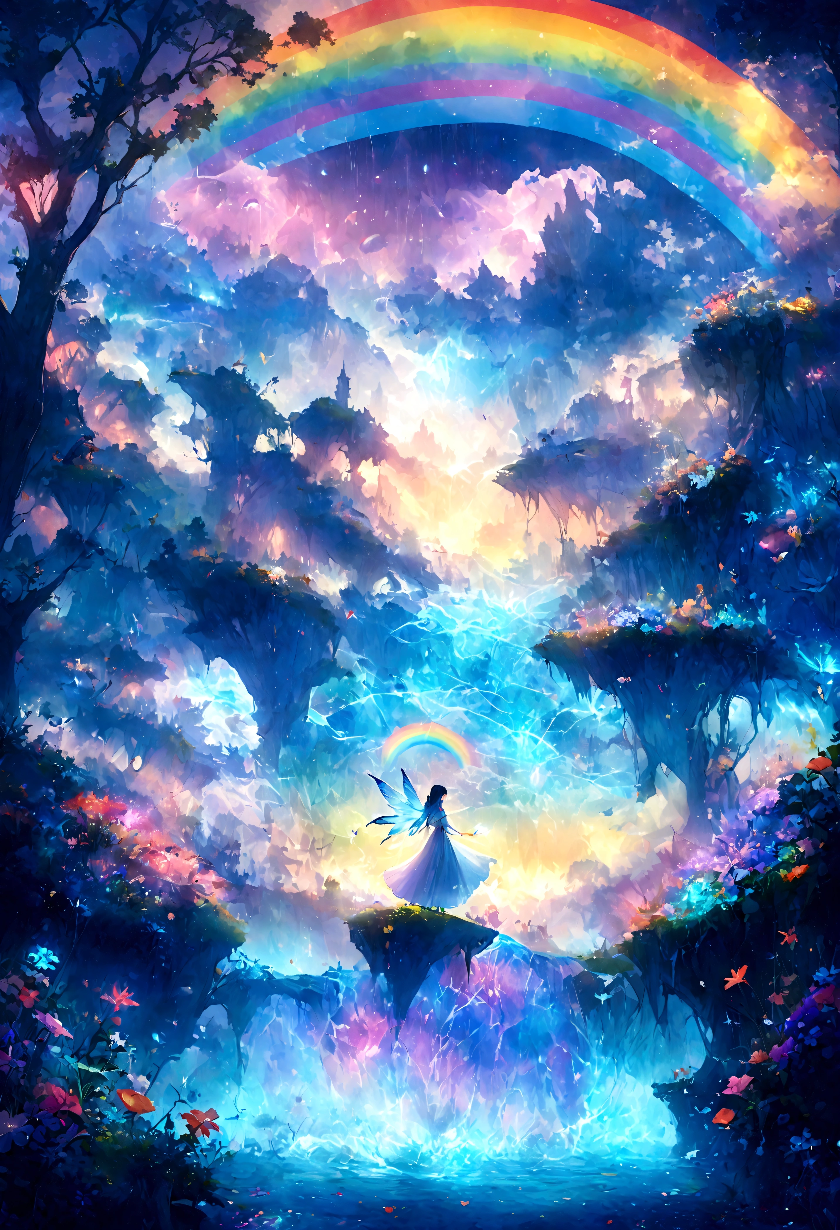 Girl casting a mysterious glowing spell, ((Fantasy rainbow ocean)), Vibrant colors, Ethereal Lights, Detailed speech bubbles, magical atmosphere, Stunning scenery, Dreamy atmosphere, sparkling, Flowing robe, a touch of magic, Ethereal creatures, ((Sparkling waves)), Mysterious symbols, Surreal beauty, Mist, There's magic in the air, Mesmerizing moments,Mysterious atmosphere, Whimsical Creatures, Full of charm, Fairy, Supernatural powers, Fantasy realm