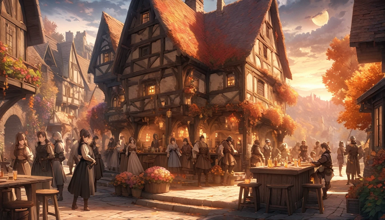 masterpiece, 最high quality, high quality, Very detailed CG 8k wallpaper unit, landscape, Outdoor, Line up, Medieval Tavern, autumn sky, Autumn evening, Autumn and Winter, cloudy day, The big moon shines, Award-winning photography, Depth of written boundary, High Dynamic Range, Flowers, squirt, Hydrangea, real, Very detailed, Complex, High detail, dramatic, Art to enjoy on the go,  Art Station Trends, Social trends in CG, Color Difference.