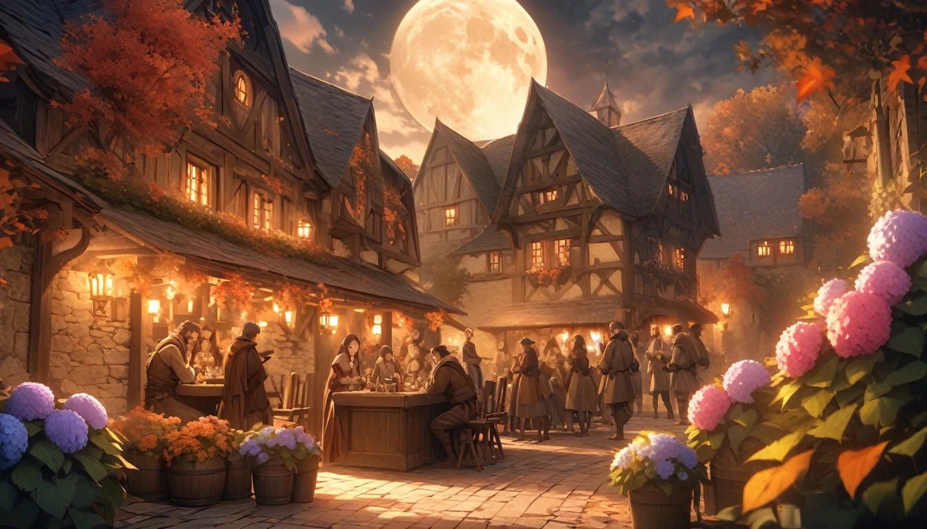 masterpiece, 最high quality, high quality, Very detailed CG 8k wallpaper unit, landscape, Outdoor, Line up, Medieval Tavern, autumn sky, Autumn evening, Autumn and Winter, cloudy day, The big moon shines, Award-winning photography, Depth of written boundary, High Dynamic Range, Flowers, squirt, Hydrangea, real, Very detailed, Complex, High detail, dramatic, Art to enjoy on the go,  Art Station Trends, Social trends in CG, Color Difference.