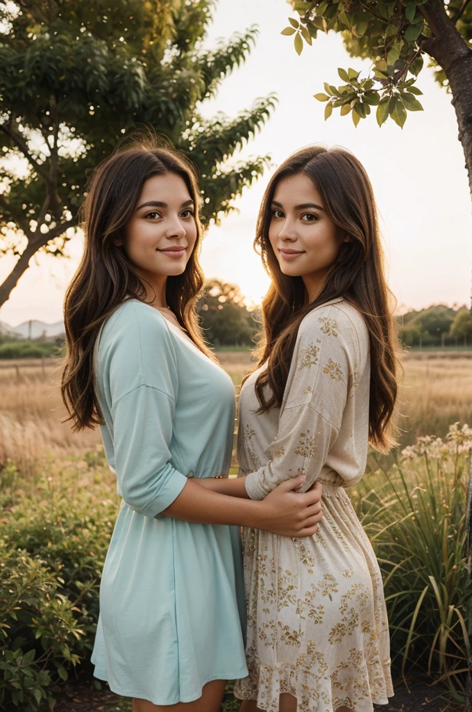 two women are standing outdoors in a relaxed and joyful pose, illuminated by the warm light of the setting sun, creating a golden hour effect. They are surrounded by a natural landscape with lush greenery and a hint of a clear sky, adding a serene and peaceful atmosphere to the scene. Both women have medium-length, wavy brown hair that is slightly tousled and frames their faces.
The woman on the left is wearing a casual red shirt that fits comfortably, giving her a relaxed yet stylish appearance. The shirt has long sleeves and is made from a soft, breathable fabric that drapes naturally. The woman on the right, who has a fuller figure, is dressed in a light-colored, flowy dress, complementing the casual and stylish vibe of the scene.
The image is captured with high detail and clarity, showcasing an 8K resolution quality, using professional photography equipment like a Canon camera. The colors are vivid and natural, with no filters applied, emphasizing the authentic and unedited beauty of the moment.
Keywords: 8K, professional picture, Canon full resolution, natural light, no filter, casual, golden hour, outdoor, natural landscape, lush greenery, serene atmosphere, candid, stylish, warm light, high detail.