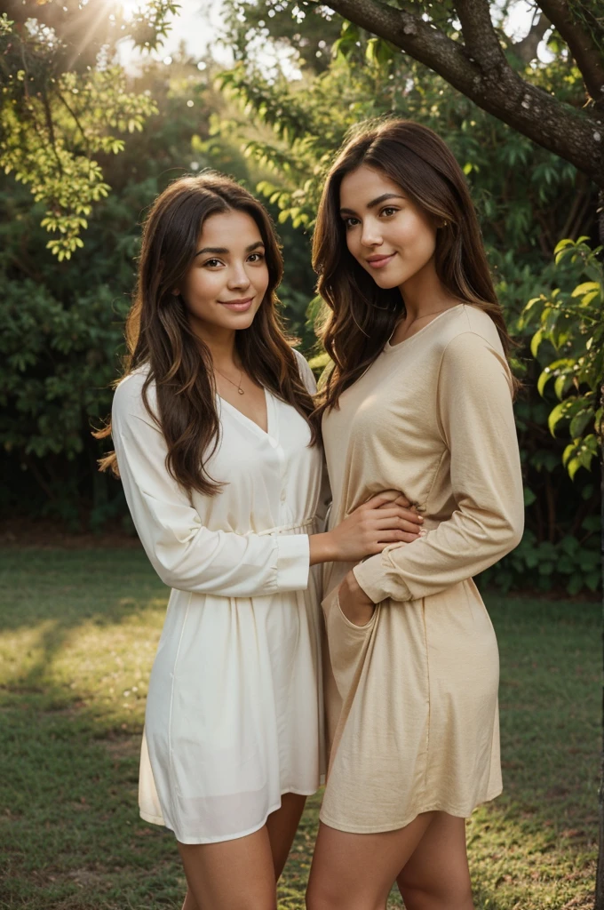 two women are standing outdoors in a relaxed and joyful pose, illuminated by the warm light of the setting sun, creating a golden hour effect. They are surrounded by a natural landscape with lush greenery and a hint of a clear sky, adding a serene and peaceful atmosphere to the scene. Both women have medium-length, wavy brown hair that is slightly tousled and frames their faces.
The woman on the left is wearing a casual red shirt that fits comfortably, giving her a relaxed yet stylish appearance. The shirt has long sleeves and is made from a soft, breathable fabric that drapes naturally. The woman on the right, who has a fuller figure, is dressed in a light-colored, flowy dress, complementing the casual and stylish vibe of the scene.
The image is captured with high detail and clarity, showcasing an 8K resolution quality, using professional photography equipment like a Canon camera. The colors are vivid and natural, with no filters applied, emphasizing the authentic and unedited beauty of the moment.
Keywords: 8K, professional picture, Canon full resolution, natural light, no filter, casual, golden hour, outdoor, natural landscape, lush greenery, serene atmosphere, candid, stylish, warm light, high detail.