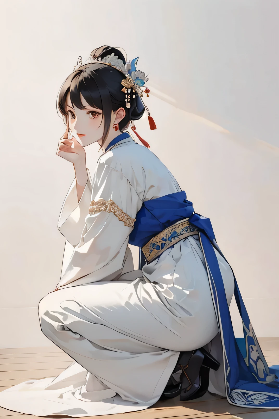 Tang Dynasty women's costume,A palace maid kneeling on the ground,Kneel all over,Back view,Blank Background
