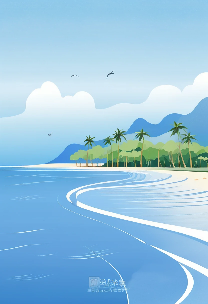 summer，seaside，Coconut tree on the left，There are waves，Illustration style，blue sky，White clouds，Frontal composition，Minimalist illustration；