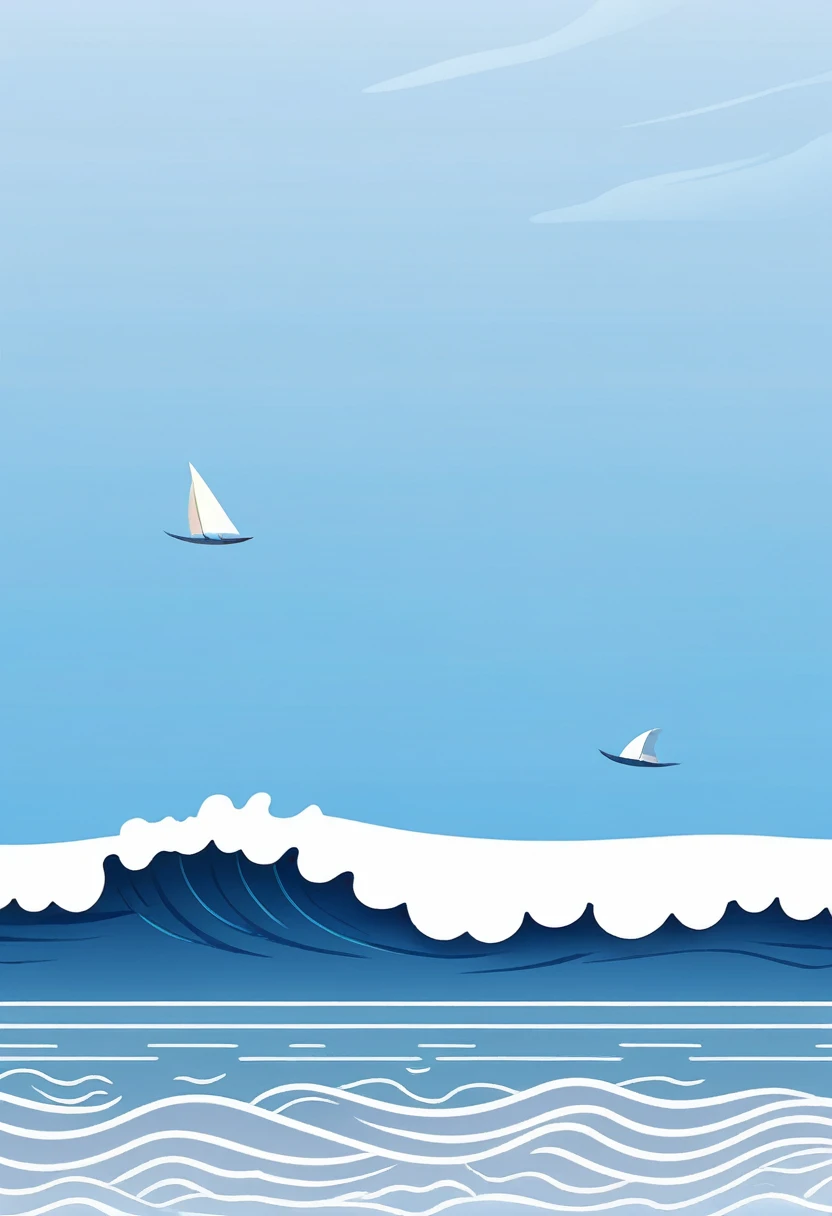 summer,seaside,Coconut tree on the left,There are waves,Illustration style,blue sky,White clouds,Frontal composition,Minimalist illustration;