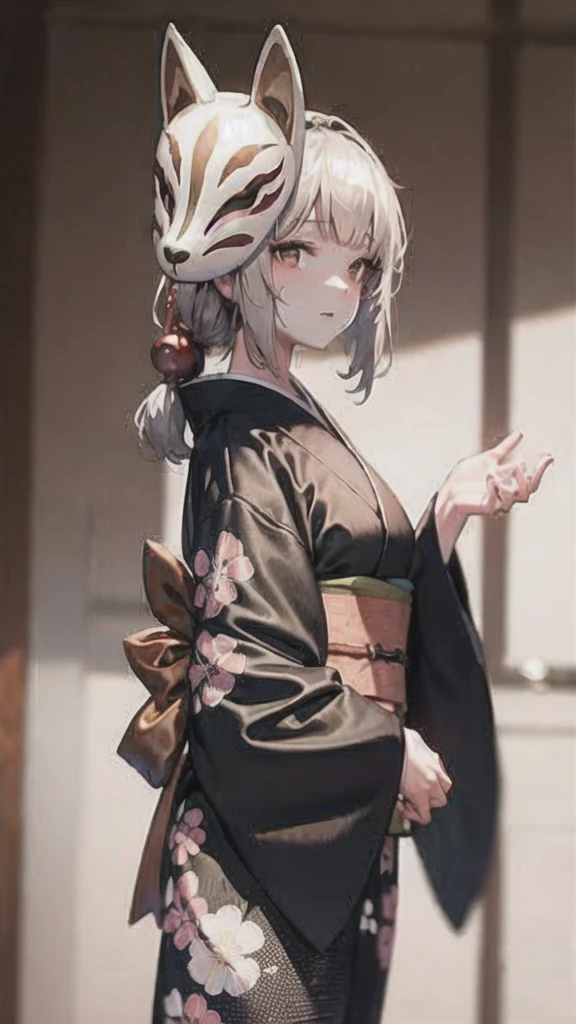 Fox Mask Beautiful woman wearing a fox mask on her face,  Wearing a kimono decorated with cherry blossoms, Long Hair