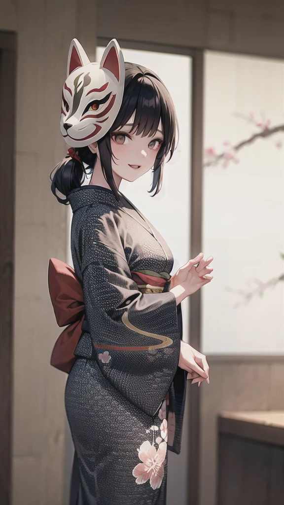 Fox Mask Beautiful woman wearing a fox mask on her face, Wearing a kimono decorated with cherry blossoms, Long Hair