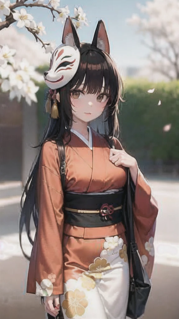 Fox Mask Beautiful woman wearing a fox mask on her face, Wearing a kimono decorated with cherry blossoms, Long Hair