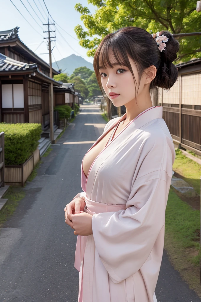 nsfw,Japanese women、26 years old、(naked)、princess、Hairpin、Bun Head、Beautiful nipples、Pink kimono、Brown Hair、ponytail、bangs、(RAW shooting, Photorealistic:1.5, 8k, highest quality, masterpiece, Ultra-high resolution), ((The background is the streetscape of the Edo period.、Old house))、Farmer、Rural Scenery、countryside、Highly detailed skin and facial textures:1.2, Cute like an idol、aesthetic, Cute and sexy beauty, Perfect Style:1.2, Fair skin, Very beautiful face, Glowing White Skin, (Mid-chest)、Dutch Angle、Low - Angle、Shooting from the side、Walking、