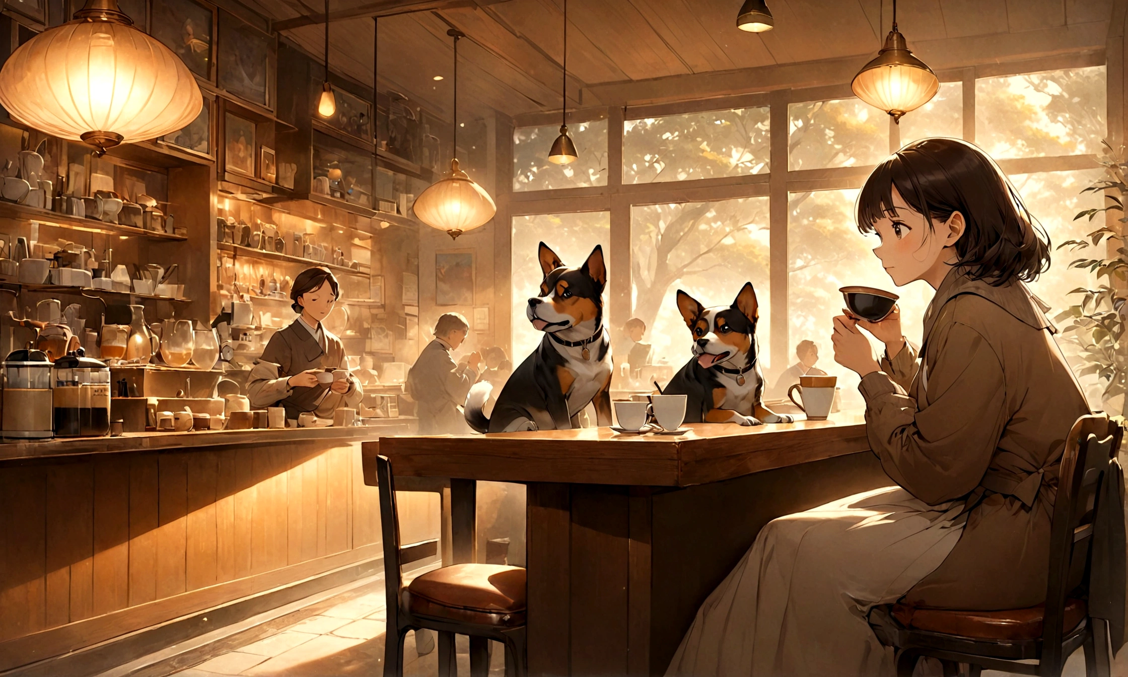 A cozy, retro jazz café with soft lighting and wooden furniture exuding a nostalgic atmosphere. The counter area features live jazz music being played, filling the café with smooth jazz melodies. Seated at the counter, a woman delicately sips from a small coffee cup, enjoying her coffee gracefully. Beside her, a large dog sits calmly, sharing the serene moment with a content expression. The image is rendered in a Ghibli-like style, with soft hues and intricate linework that evoke a warm and inviting ambiance. The woman’s attire and the dog's expressions are finely detailed, adding a sense of endearment to the characters