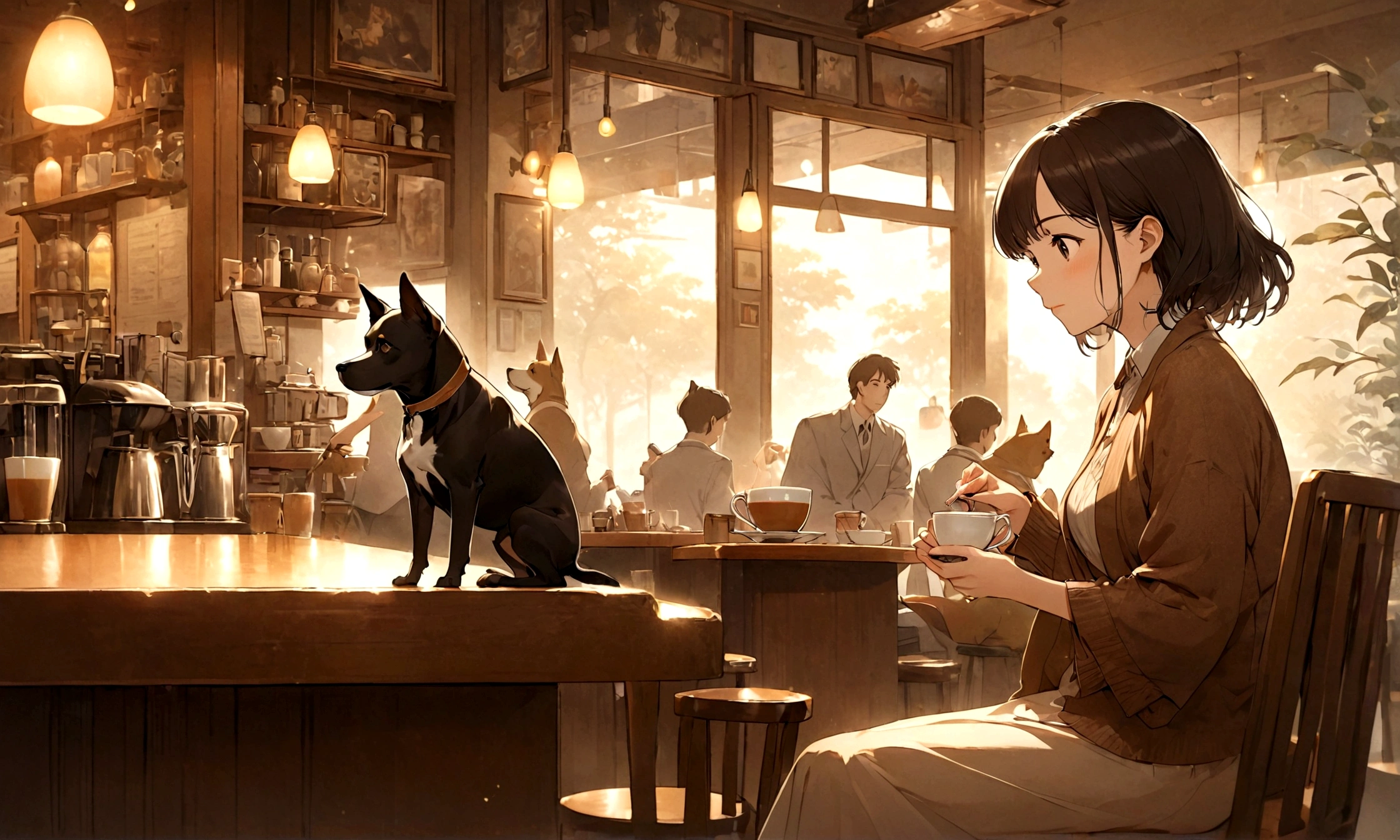 A cozy, retro jazz café with soft lighting and wooden furniture exuding a nostalgic atmosphere. The counter area features live jazz music being played, filling the café with smooth jazz melodies. Seated at the counter, a woman delicately sips from a small coffee cup, enjoying her coffee gracefully. Beside her, a large dog sits calmly, sharing the serene moment with a content expression. The image is rendered in a Ghibli-like style, with soft hues and intricate linework that evoke a warm and inviting ambiance. The woman’s attire and the dog's expressions are finely detailed, adding a sense of endearment to the characters