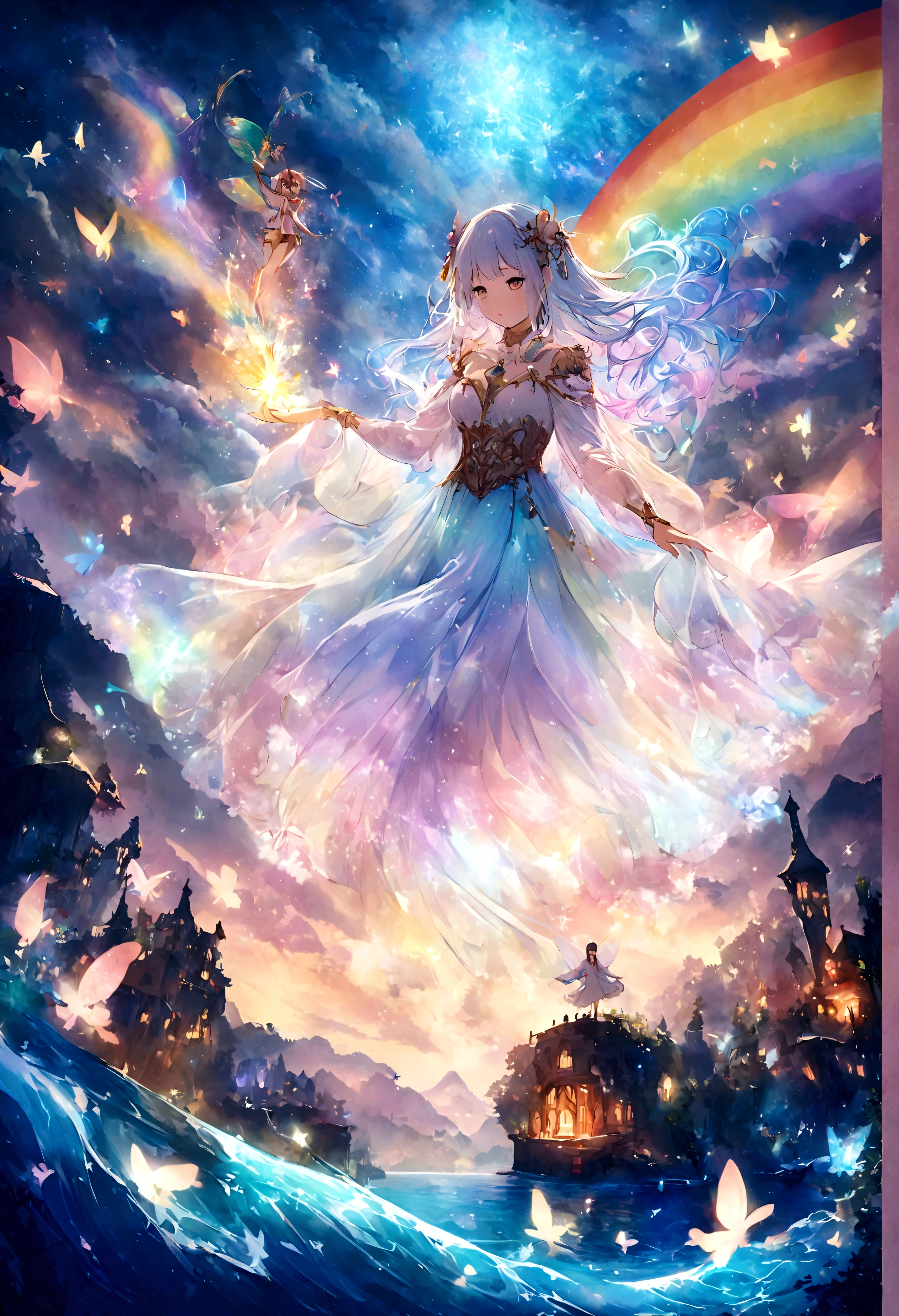Girl casting a mysterious glowing spell, ((Fantasy rainbow ocean)), Vibrant colors, Ethereal Lights, Detailed speech bubbles, magical atmosphere, Stunning scenery, Dreamy atmosphere, sparkling, Flowing robe, a touch of magic, Ethereal creatures, ((Sparkling waves)), Mysterious symbols, Surreal beauty, Mist, There's magic in the air, Mesmerizing moments,Mysterious atmosphere, Whimsical Creatures, Full of charm, Fairy, Supernatural powers, Fantasy realm