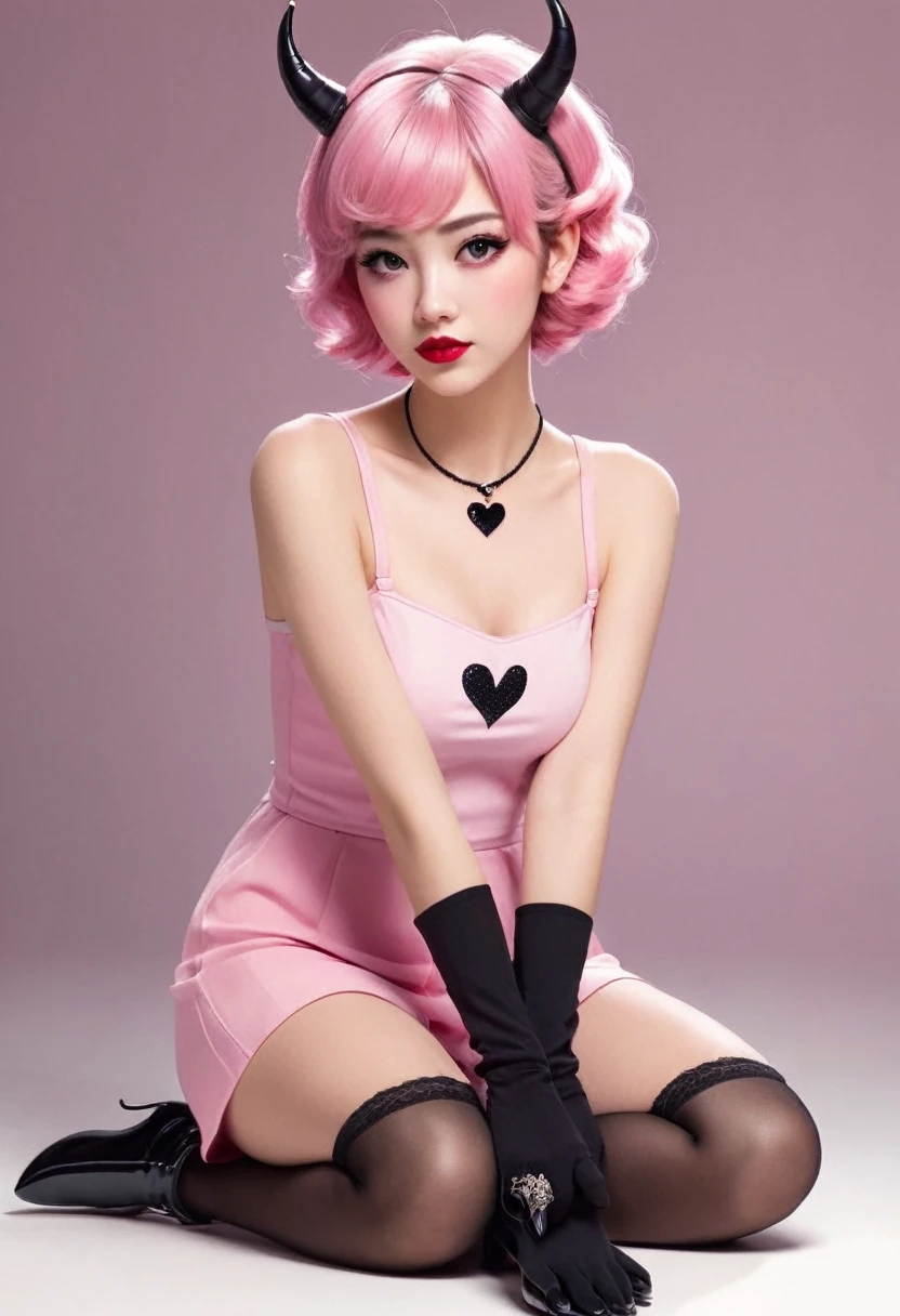 Character Design:
Character Type: A cute, stylized demon girl.
Pose: Seated in a relaxed, playful pose with legs extended and slightly crossed at the ankles. Leaning back on one arm for support.
Expression: Flirty and mischievous with a slight smirk.

Appearance:
Hair:Curly, pink hair styled in a vintage, pin-up fashion.
Eyes: Large, expressive eyes with long eyelashes.
Horns: Small, black devil horns protruding from the head.
Wings: Small, bat-like wings extending from the back.
Tail: A long, black devil tail with a heart-shaped tip.

Outfit:
Top: A black, tight-fitting corset with a sweetheart neckline.
Legwear: Pink, thigh-high stockings with a black heart pattern.
Shoes: Black high-heeled shoes.
Accessories: Black choker around the neck.

Background:
Color Scheme:Dominantly pink with soft, pastel hues.
Elements:Light grey clouds and sparkles scattered throughout to give a magical, dreamy effect.

Style:Pin-up, retro-inspired with a modern twist.
Coloring:Bright, vibrant colors with a focus on pinks and blacks.
Line Art:Clean, bold lines to emphasize the character and details.