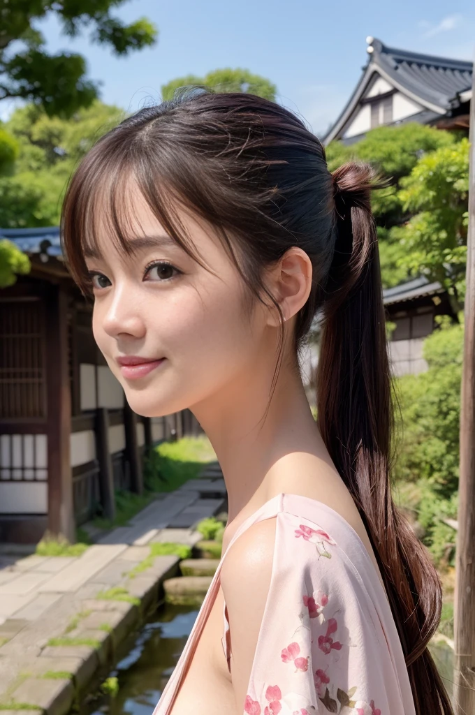 nsfw,Japanese women、26 years old、(naked)、princess、Hairpin、Bun Head、Beautiful nipples、Pink kimono、Brown Hair、ponytail、bangs、(RAW shooting, Photorealistic:1.5, 8k, highest quality, masterpiece, Ultra-high resolution), ((The background is the streetscape of the Edo period.、Old house))、Farmer、Rural Scenery、countryside、Highly detailed skin and facial textures:1.2, Cute like an idol、aesthetic, Cute and sexy beauty, Perfect Style:1.2, Fair skin, Very beautiful face, Glowing White Skin, (Mid-chest)、Dutch Angle、Low - Angle、Shooting from the side、smile、Walking、