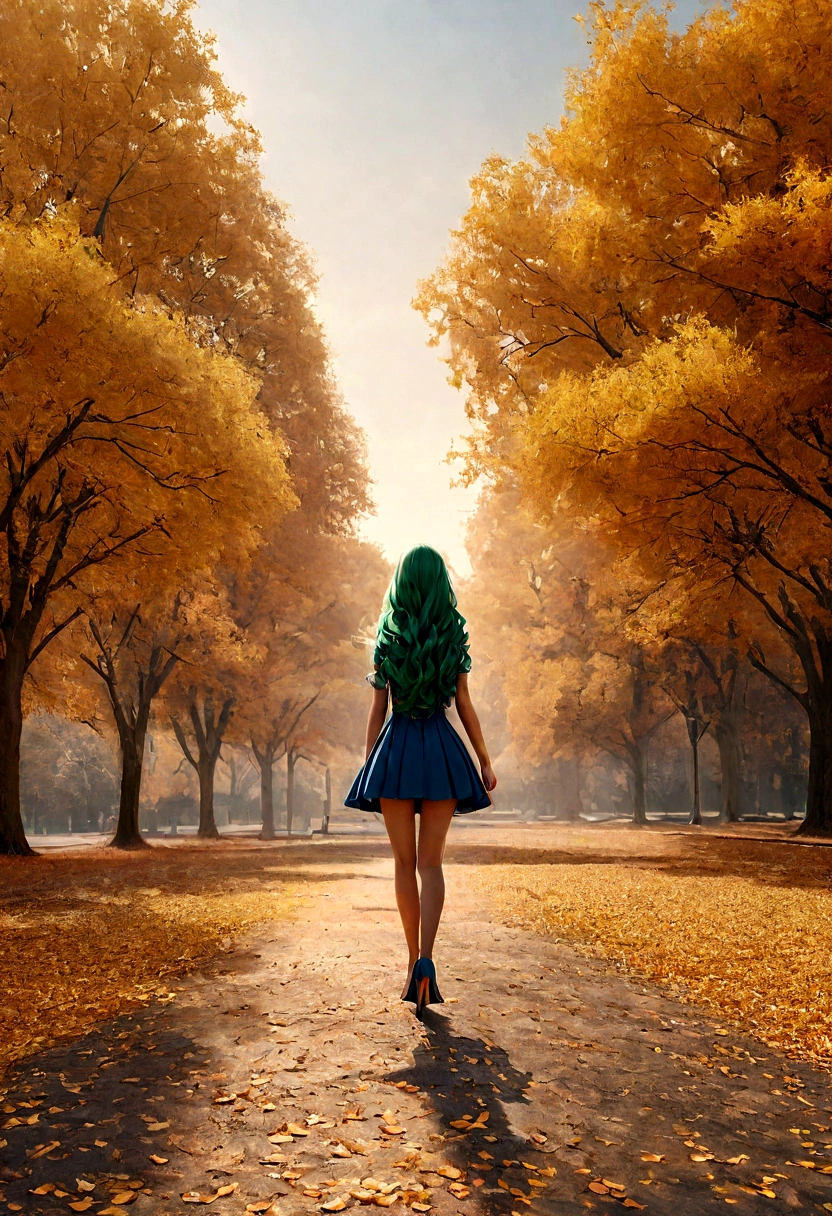 a model shot of woman walking in the park at autumn, a young woman, wearing a (short blue skirt: 1.1), (green hair: 1.1), long hair, wavy hair, high heels, strolling in the park at autumn, a shot from the rear, she is leaving, no looking back, there are leaves on the road, many leaves in red, orange and brow, full spectrum, vibrant colors, urban park at autumn background, trees with orange, red, yellow leaves, a sense of departure, glamours shot, best quality, 16k, RAW, award winning, [ultra detailed], masterpiece, best quality, (ultra detailed), full body, ultra wide shot, photorealistic, 3D rendering, Cinematic Hollywood Film