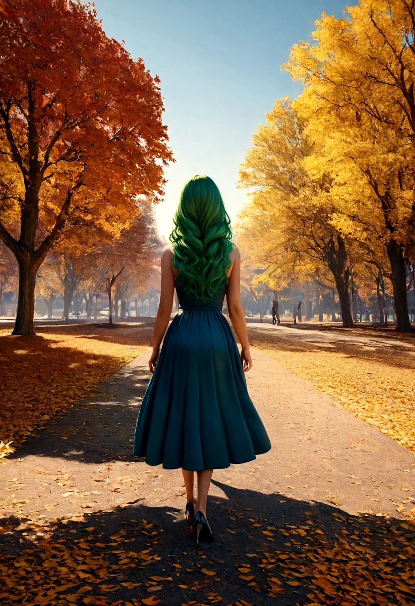 a model shot of woman walking in the park at autumn, a young woman, wearing a (short blue skirt: 1.1), (green hair: 1.1), long hair, wavy hair, high heels, strolling in the park at autumn, a shot from the rear, she is leaving, no looking back, there are leaves on the road, many leaves in red, orange and brow, full spectrum, vibrant colors, urban park at autumn background, trees with orange, red, yellow leaves, a sense of departure, glamours shot, best quality, 16k, RAW, award winning, [ultra detailed], masterpiece, best quality, (ultra detailed), full body, ultra wide shot, photorealistic, 3D rendering, Cinematic Hollywood Film