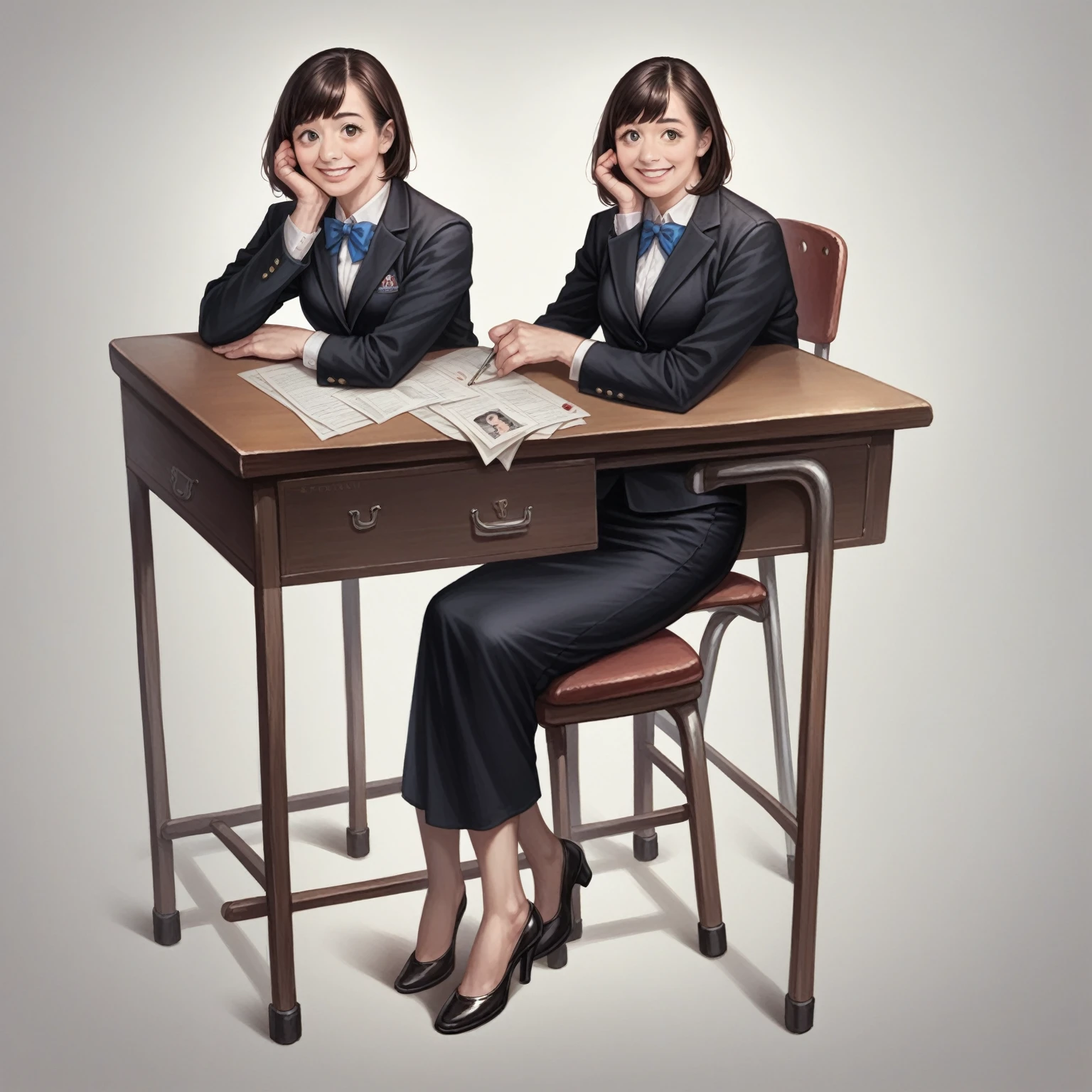 One girl,  black suit and tight skirt, (Masterpiece), (Realistic), (Ultra fine), (beautiful), White background, Professional Lighting,  (highest quality, 128k,masterpiece), とてもbeautiful面長顔, Japanese Model, Ultra HD, (Photorealistic:1.1), RAW Photo, Big eyes, Black brown hair, seat, seat全身, Smile, Full body photo, desk, Cheek support