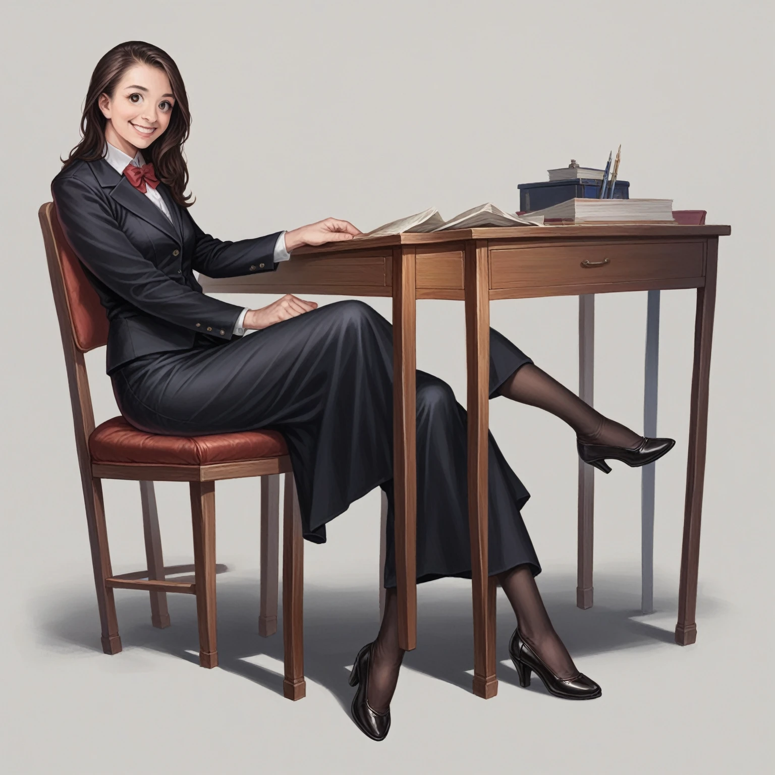 One girl, black suit and tight skirt, (Masterpiece), (Realistic), (Ultra fine), (beautiful), White background, Professional Lighting, (highest quality, 128k,masterpiece), とてもbeautiful面長顔, Japanese Model, Ultra HD, (Photorealistic:1.1), RAW Photo, Big eyes, Black brown hair, seat, seat全身, Smile, Full body photo, desk, Cheek support