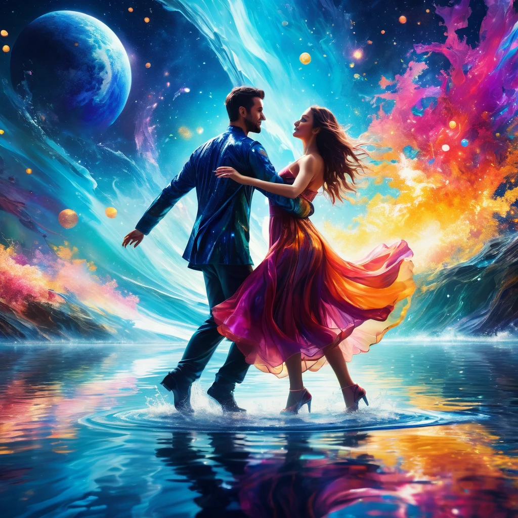 (highest quality,8k,Realistic),Abstract, Fantasy, Science fiction, space, People dancing on the sea々,Men and women, Detailed water reflection, Vibrant colors, Dynamic pose, loose fitting dress, Fun atmosphere, Sharp details, Bokeh, Shine, Splash, immersive background of space