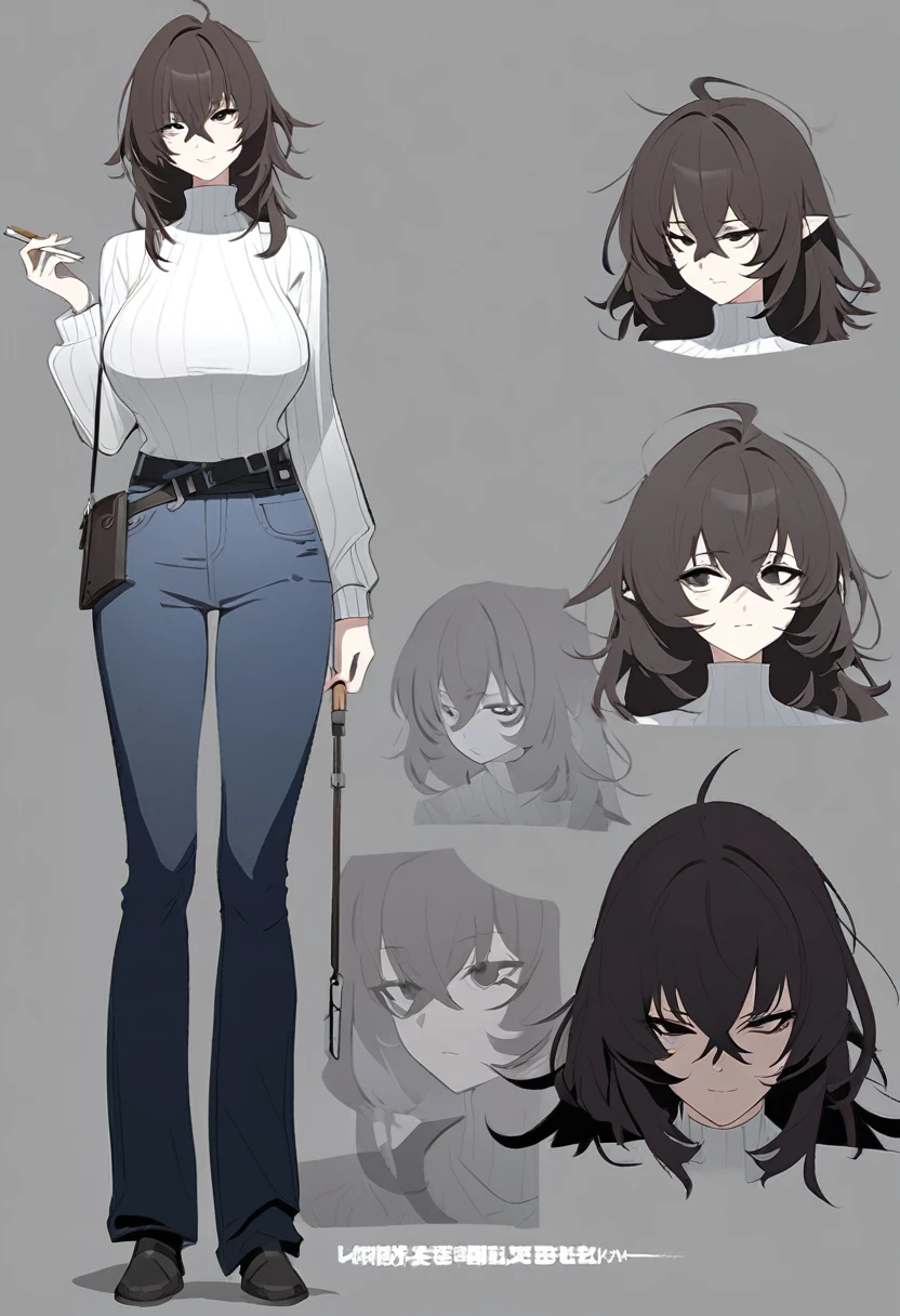 One Woman,Downer,older sister,Concept Art,Dark brown hair,Straight hair with slight inward curls,Staring eyes,Eye Ridge,black eye,Crossed bangs,whole body,smile,Larger breasts,Gray background,Bangs that reach down to the eyes,Messy hair,Perfect dark jeans,White turtleneck sweater,Multiple views of the same character,Character Design,Dark circles under the eyes,Bad look,Listless,Sloppy,accessories,Arknights Wind,Cafe staff,Holding a cigarette,whole bodyCharacter Design,
