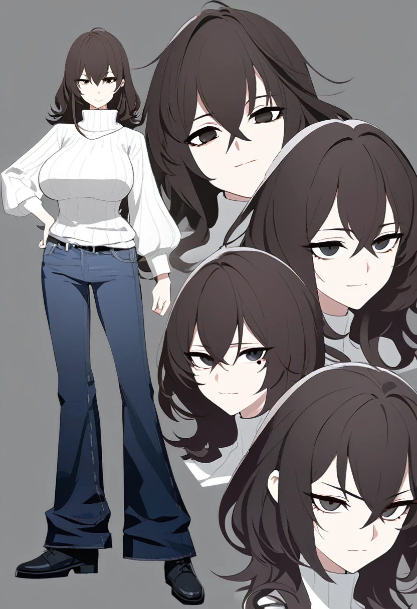 One Woman,Downer,older sister,Concept Art,Dark brown hair,Straight hair with slight inward curls,Staring eyes,Eye Ridge,black eye,Crossed bangs,whole body,smile,Larger breasts,Gray background,Bangs that reach down to the eyes,Messy hair,Perfect dark jeans,White turtleneck sweater,Multiple views of the same character,Character Design,Dark circles under the eyes,Bad look,Listless,Sloppy,accessories,Arknights Wind,Cafe staff,Holding a cigarette,whole bodyCharacter Design,